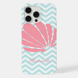 Coque iPhone 15 Pro Max Coquillage à motif zigzag rose et menthe blanche