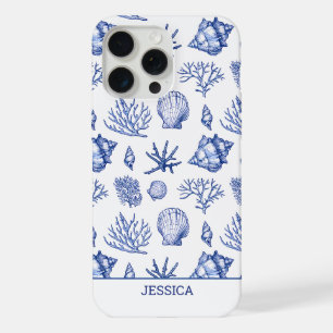 Coque iPhone 15 Pro Max Coquillages bleus modernes personnalisés plage côt