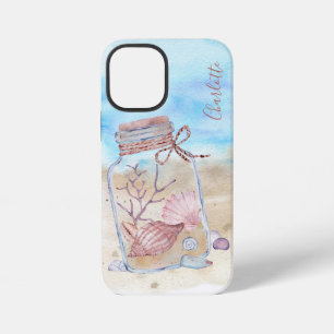 Coque iPhone 12 Mini Coquillages de plage à l'aquarelle Nom personnalis