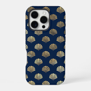 Coque iPhone 16 Pro Coquilles d'or sur fond bleu