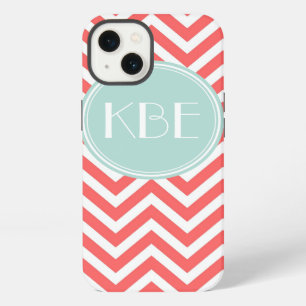 Etui iPhone 13 Corail et Chevron Menthe Monogramme Personnalisé