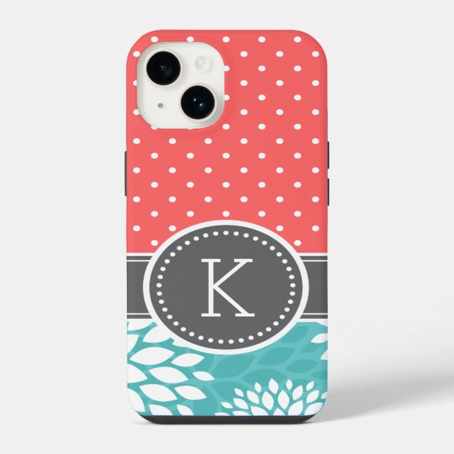Coque iPhone Corail et turquoise monogramme pois floral (Verso)