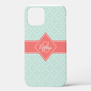 Coque iPhone 12 Corail monogramme et Motif diamant de menthe
