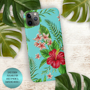 Coque iPhone 15 Pro Max Corail Rouge Rose Floral Sur Turquoise Bleu Aqua
