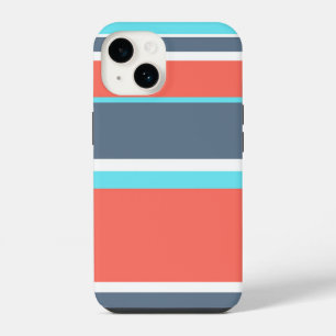 Coque Pour iPhone 14 Corail vivant, rayures bleues et grises