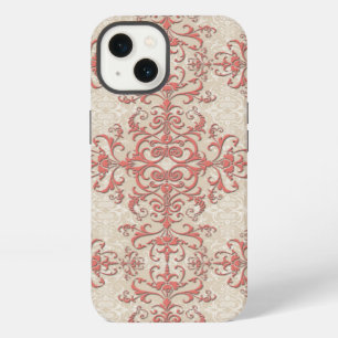 Etui iPhone 13 Coral et blanc antique, style damassé floral artis