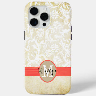 Coque iPhone 15 Pro Max Coral Faux Rhinstone Personnalisé Damask iPhone