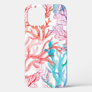 Coque iPhone 12 Coraux aquarelle. Motif sans couture avec le sous
