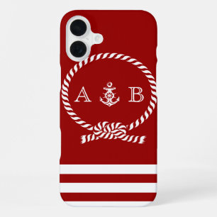 Coque iPhone 16 Plus Corde marine rouge et Ancre Monogrammé