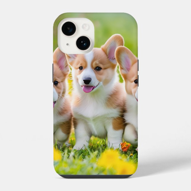 Coque iPhone Corgies jouant dans l'herbe (Verso)