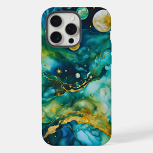 Coque iPhone 15 Pro Max Cosmos d'encre d'alcool bleu vert or