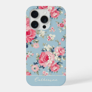 Coque iPhone 15 Pro Cottage Personnalisé Roses Roses sur Fond Bleu