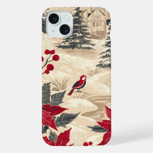 Coque iPhone 15 Plus Cottagecore Noël Manoir Poinsettia Rouge Crème