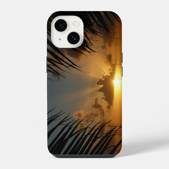 Coque iPhone Coucher de soleil à travers les frondes de palmier (Verso)