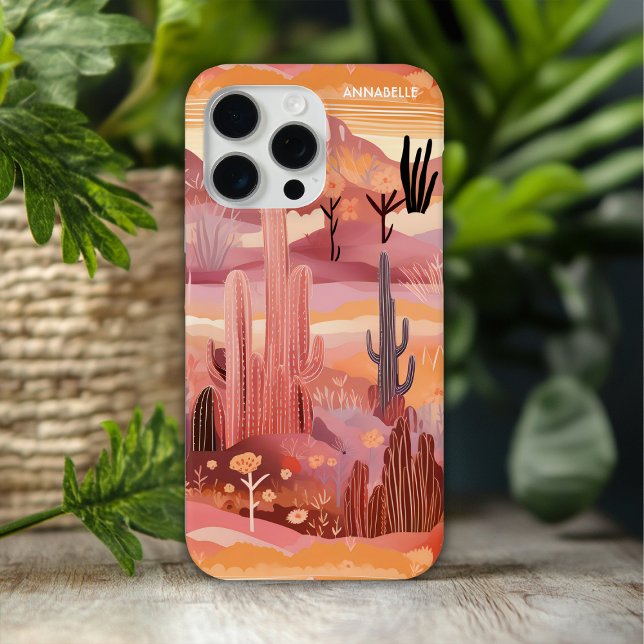 Coque iPhone Coucher de soleil du désert Cactus moderne Nom per (Créateur téléchargé)