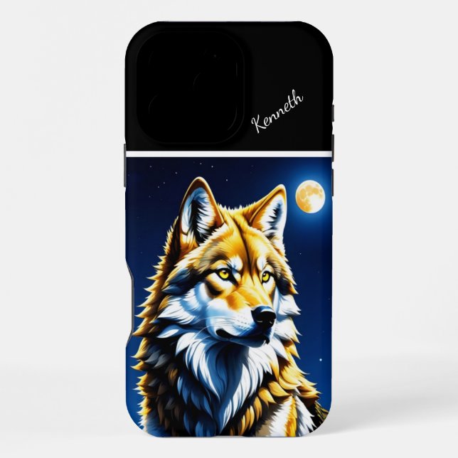 Coque iPhone Coucher de soleil Loup doré et argenté (Verso)