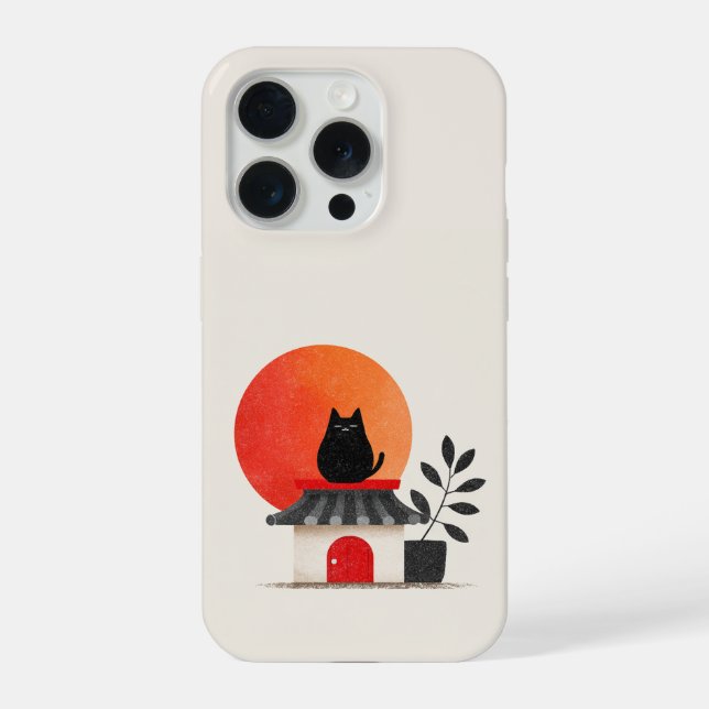 Coque iPhone Coucher de soleil rétro japonais Chat noir sur un  (Verso)