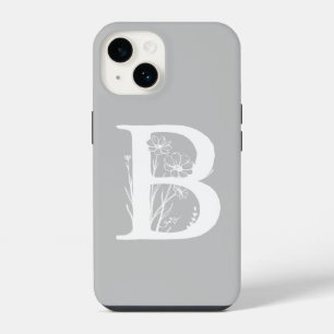 COQUE POUR iPhone 14 COULEUR GRIS MONOGRAMME LETTRE B FLORAL ÉPAIS
