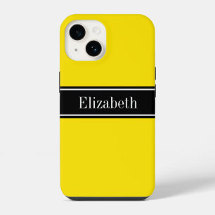 Coque Pour iPhone 14 Couleurs DIY Jaune, Ruban Noir Nom Monogramme S