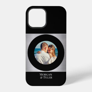 Coque iPhone 12 Pro Couple DIY Photo & Noms Cercle Noir Argent Noir