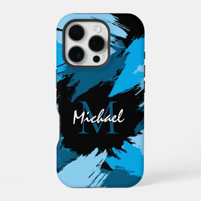 Coque iPhone Coups de pinceau nuances de bleu nom avec monogram (Verso)