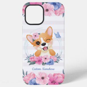 Coque iPhone 12 Pro Max Couronne de fleurs de chien Corgi mignon Papillon 
