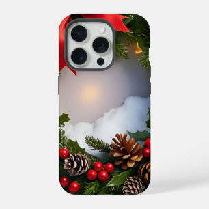 Coque iPhone 15 Pro Couronne de Noël Pin Ruban Rouge Neige