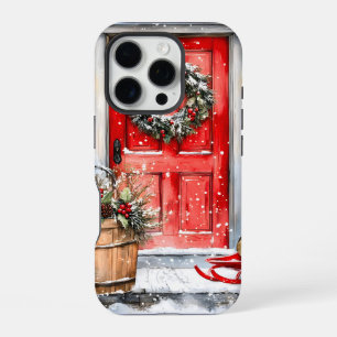 Coque iPhone 16 Pro Couronne de Noël rouge rustique vintage pour porte