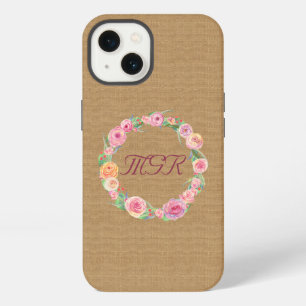 Etui iPhone 13 Couronne de rose rustique avec monogramme sur toil