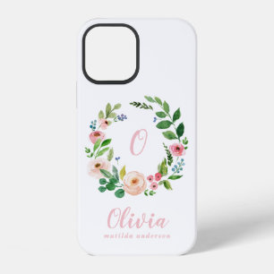 Coque iPhone 12 Couronne florale à monogramme aquarelle rose blush