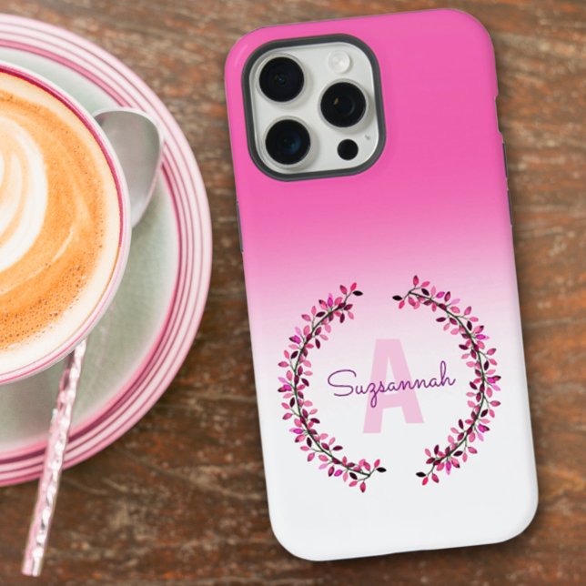 Coque iPhone Couronne Ombre rose entourée de monogramme Nom (Looking for a personalized gift ideal? Easy to personalize and available for iPhone & Samsung styles)