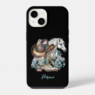 Coque Pour iPhone 14 Cowgirl cheval bottes de cowboy chapeau floral wes