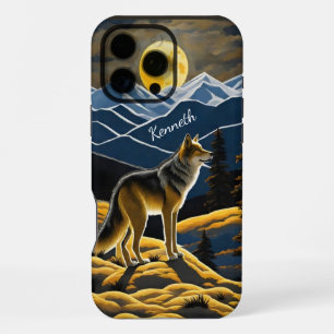 Coque iPhone 16 Pro Max Coyote hurlant sous une pleine lune dans les monta