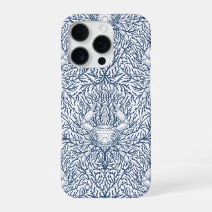 Coque iPhone 16 Pro Crabe et algue marine en blanc et bleu marine