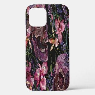 Coque iPhone 12 Crâne brodé : motif orchidée gothique