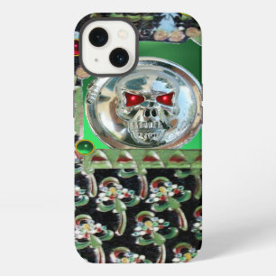 ETUI iPhone 13 CRÂNE CHROME, PIERRES GEMMES DE JADE NOIR VERT ROU