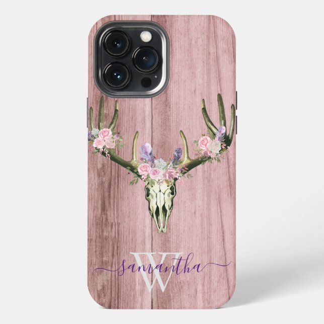 Coque iPhone Crâne de cerf floral bohème rose monogramme chic (Verso)
