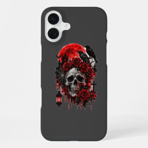 Coque iPhone 16 Plus Crâne de corbeau gothique sombre avec roses cramoi