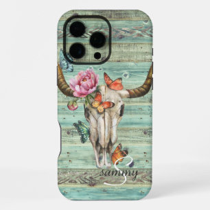 Coque iPhone 16 Pro Max Crâne de Longhorn Bohème Monogramme Floral