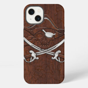 Etui iPhone 13 Crâne de pirate en acajou nautique humide en acier