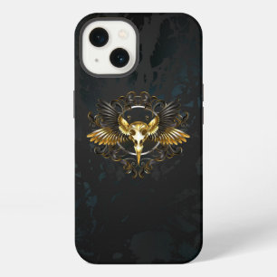 Etui iPhone 13 Crâne d'oiseau doré sur fond noir