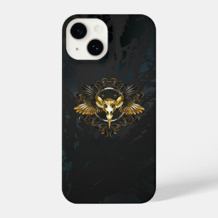 Coque Pour iPhone 14 Crâne d'oiseaux dorés sur arrière - plan noir