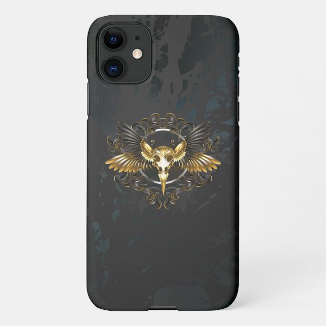 Coque iPhone Crâne d'oiseaux dorés sur arrière - plan noir (Dos)