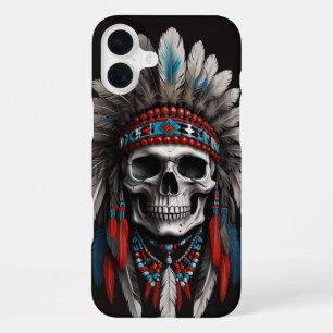 Coque iPhone 16 Plus Crâne en chef amérindien avec coiffure