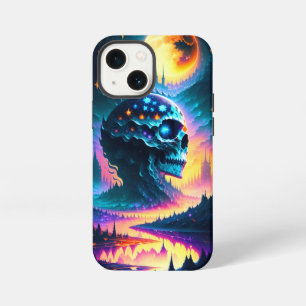 Etui iPhone 13 Mini Crâne étoiles lune ciel eau rivière montagnes