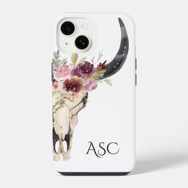 Coque iPhone Crâne floral boho Monogramme (Verso)
