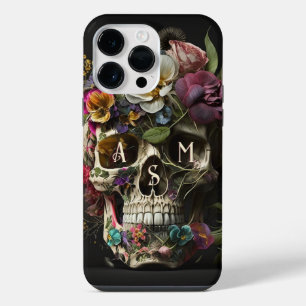 Coque Pour Pour iPhone 14 Pro Max Crâne floral Goth Pagan Monogramme Initiales