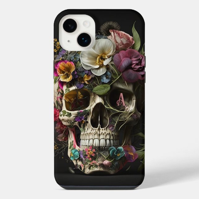 Coque iPhone Crâne Floral Gothique Païen Monogramme (Verso)