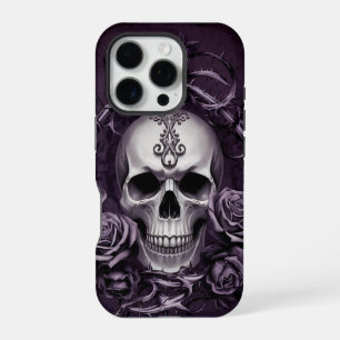 Coque iPhone 16 Pro Crâne gothique avec Roses violets