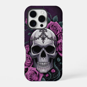 Coque iPhone 16 Pro Crâne gothique avec roses violettes